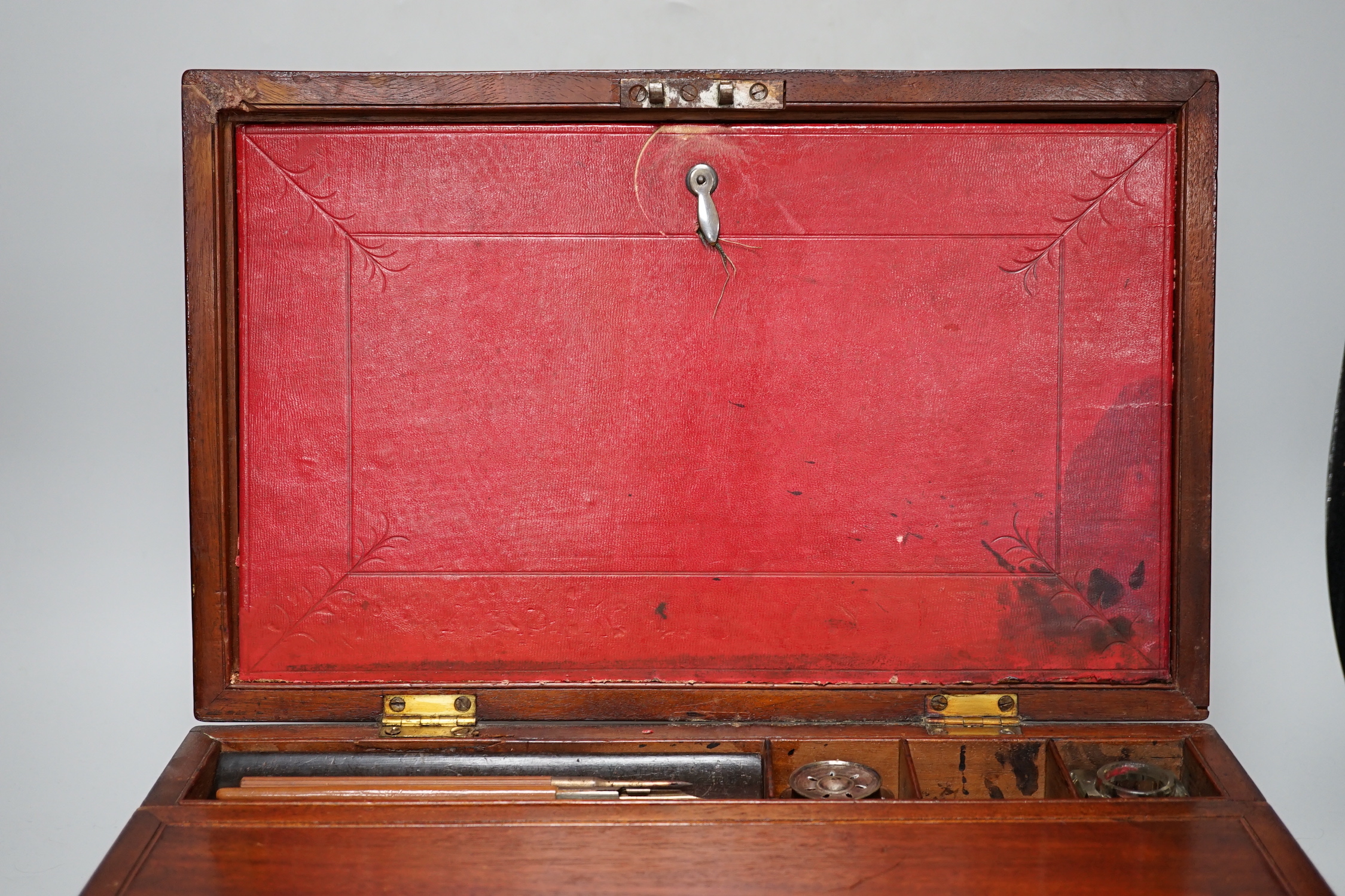 A Victorian mahogany shell inlay writing slope, with interior red Morocco leather stationery sleeve, slope, 40.5cm x 13.5cm high